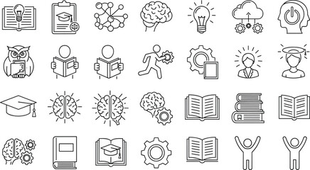 Music Education Line Icon Set, Musical Instruments, Piano Guitar Saxophone, Audio Equipment, Graduation Cap, Music Notes, Classical Jazz Performance, Stage, © Ershad