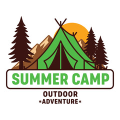 Summer camp outdoor adventure logo with tent and mountains icon