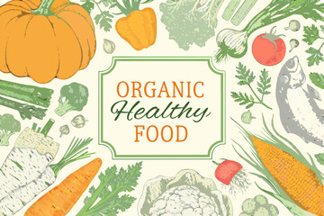 A colorful arrangement of organic vegetables fruits and fish illustration