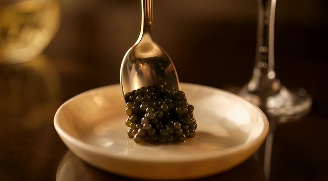 Luxurious close up of black caviar being served with a golden spoon