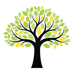Tree with green and yellow leaves on white background icon
