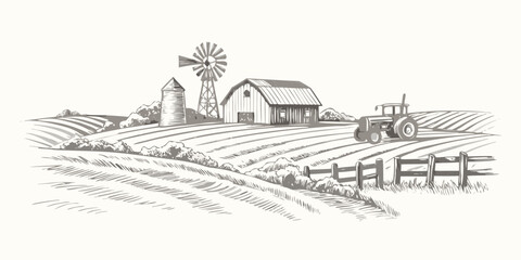 Vintage farm scene with barn windmill and tractor in a field © Partha