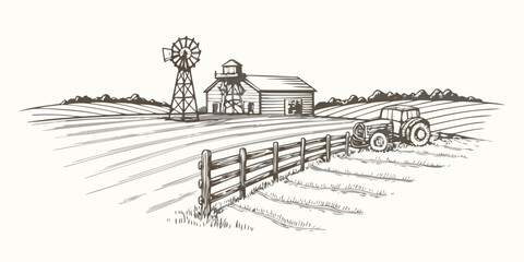 Vintage farm scene depicting a windmill barn tractor and rolling hills © Partha