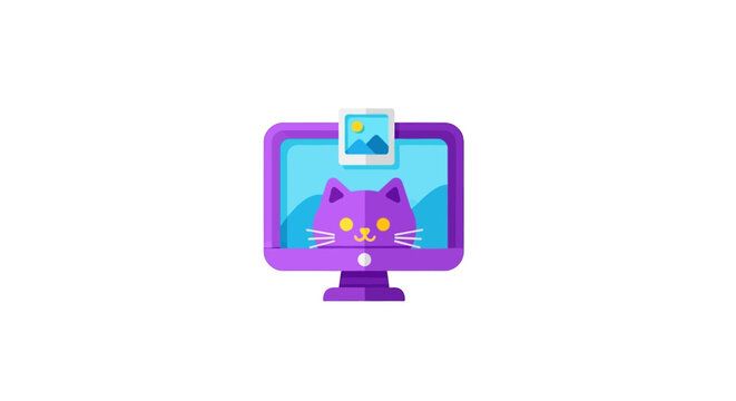 Cartoon cat and computer screen illustration on white background