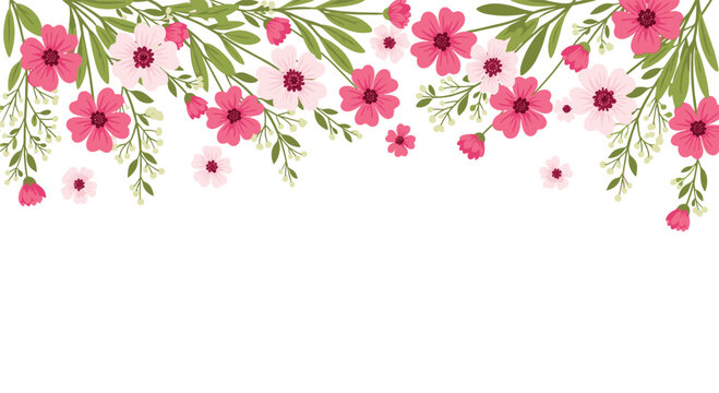 A decorative floral border featuring pink and white blossoms with green leaves hangs from the top of a white background in a flat vector illustration.