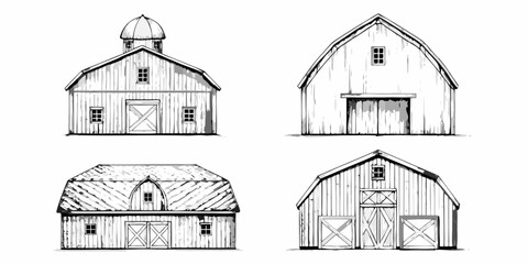 Four sketched barn illustrations depicting different architectural styles