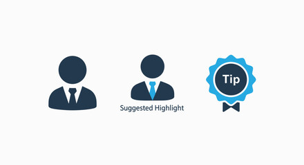 Business icons representing a user profile, suggested highlight, and a tip badge, designed in a clean, professional, and modern flat style.
