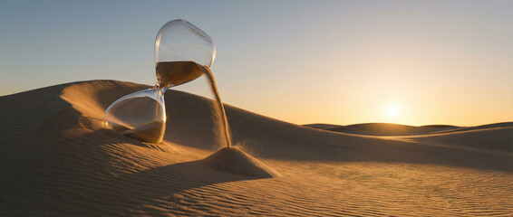 Hourglass Pouring Sand in Desert Dunes at Sunset Symbolizing Time, Patience and Passing Moments.