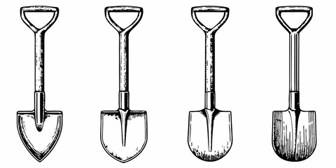 Vintage illustration of four different shaped gardening hand shovels © Partha