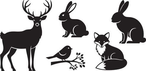 Obraz premium A set of vector silhouettes and cartoon illustrations of cute rabbits and wild hares featuring long ears and nature inspired animal designs for Easter art