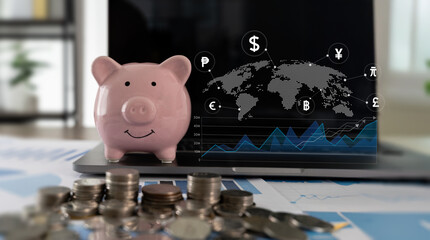 Investment Growth and Savings Concept with Global Financial Market Chart showing global trading charts and currency icons, symbolizing wealth building, analytics, and investment strategy
