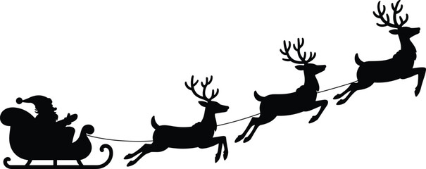 Black silhouette of Santa Claus in a sleigh pulled by reindeer flying through a starry night sky on white background © MD