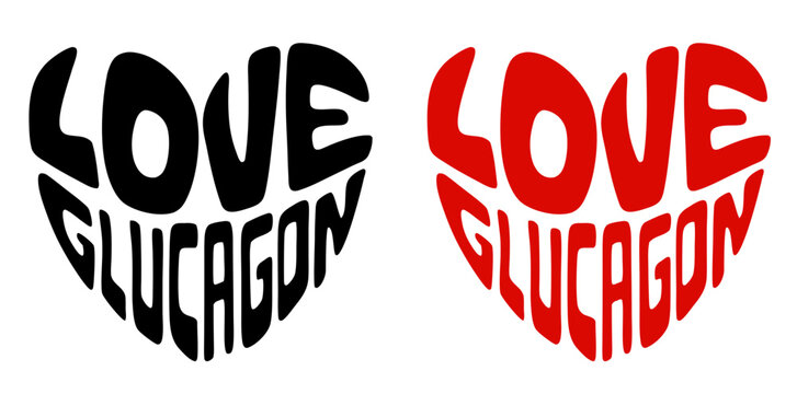 Heart-shaped sticker set featuring "LOVE GLUCAGON" in colorful and black design for body hormones health