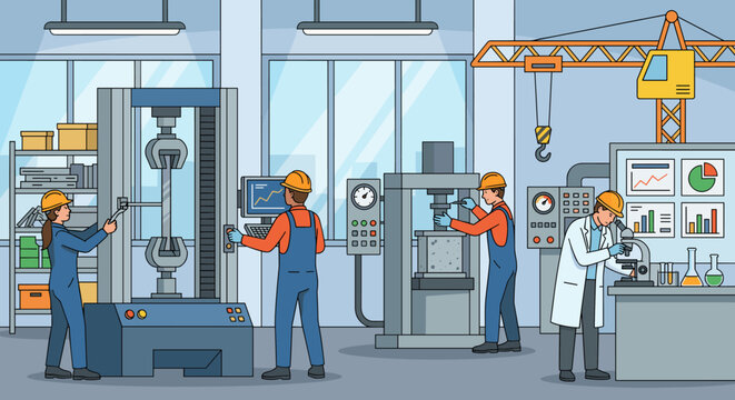 Materials testing laboratory with engineers and scientists working on quality control, using tensile and compression machines for research and analysis in a flat vector illustration style