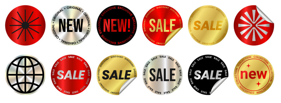 Red discount peeling sticker with curled corner, gold circle emblem, silver holographic badge with foil effect Sale, New. Realistic shiny round label, y2k hologram, icon. Isolated vector EPS10