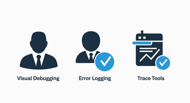 Icons for visual debugging, error logging, and trace tools, representing software development, troubleshooting, and performance monitoring concepts.