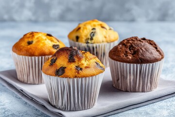 Assortment of freshly baked chocolate chip and chocolate muffins