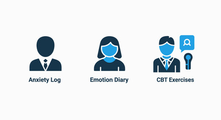 Fototapeta premium Mental Health Icons: Anxiety Log, Emotion Diary, CBT Exercises for Therapy and Psychological Well-being