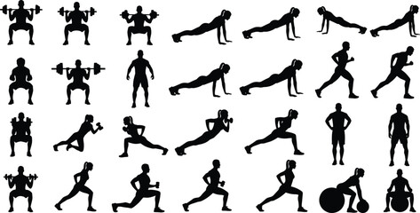 Large black silhouette collection of diverse male and female athletes engaging in gym workouts weightlifting squats and pushups flavector isolated