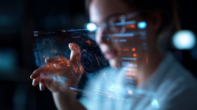 Woman interacts with digital interface in a dark room during a tech session
