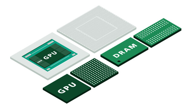 Isometric GPU HBM and DRAM Memory Subsystem Diagram Showing Stacked Memory Structure, Data Flow and AI Accelerator Performance