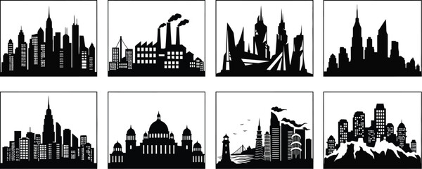 Obraz premium Collection of eight diverse urban landscape silhouettes, black vector icons of city skylines, industrial factories, and historical landmarks isolated on white.