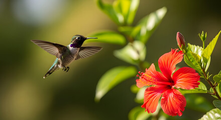 Hummingbird flying towards red hibiscus flower in garden. generated-AI