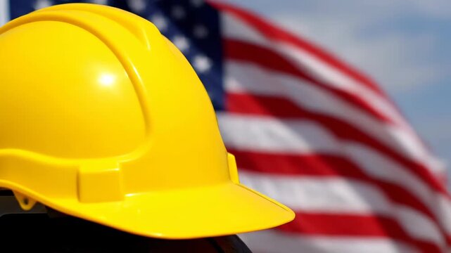 Yellow safety helmet on a blurred united states flag backdrop. Representing american workers, the construction industry, and national infrastructure projects
