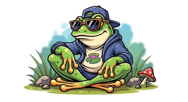 Cool frog character with sunglasses and cap illustration.