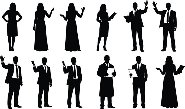 Large black silhouette collection of professional business men and women in formal suits standing and waving on white background flavector