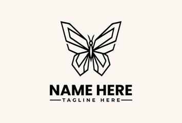 Obraz premium Black geometric butterfly logo design on a beige background with placeholder text for a company name and tagline.