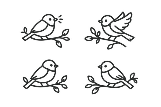 Minimalist set of four small songbirds perched on tree branches in various poses
