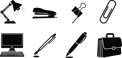 Obraz premium Collection of eight modern computing and office technology silhouettes, black vector icons of laptops, monitors, and data storage isolated on white.