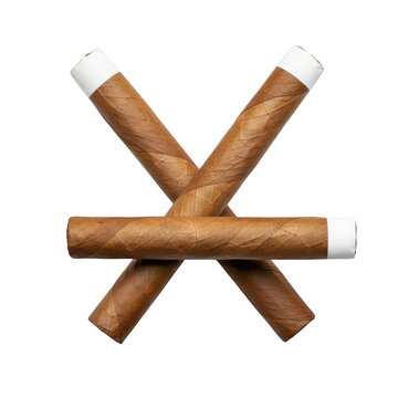 Three premium hand rolled cigars with white tips crossed in an x shape isolated on transparent background