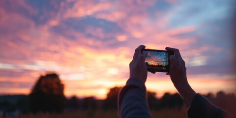 Fototapeta premium Capturing sunset colors with a smartphone in an open field during evening hours