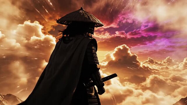 A samurai ronin stands against a vibrant, cloudy sky with a sword in hand, wearing a traditional Japanese hat and cloak, with a dramatic and intense mood.