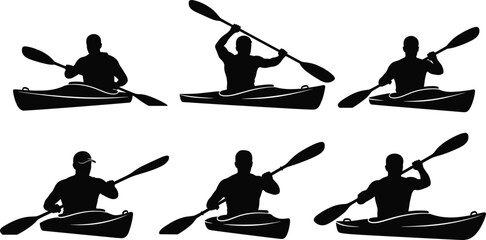 Collection of black kayaker silhouettes featuring people paddling in kayaks isolated on white background for outdoor water sports adventure design © MDMOHOBBAT