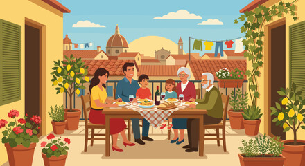 Obraz premium Happy multi-generational family eating pasta dinner together on a sunny European terrace with a beautiful cityscape view in a flat vector illustration style
