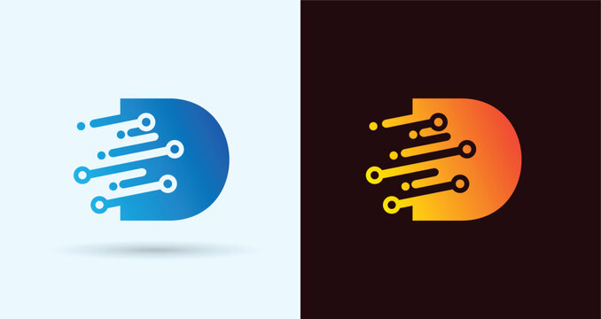 Digital Letter D Circuit Logo for Data Network Tech Branding
