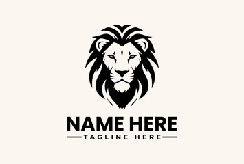 A black and white illustration of a lion's head logo with a placeholder name and tagline on a beige background, featuring a vector graphic design with icon and pictogram elements.