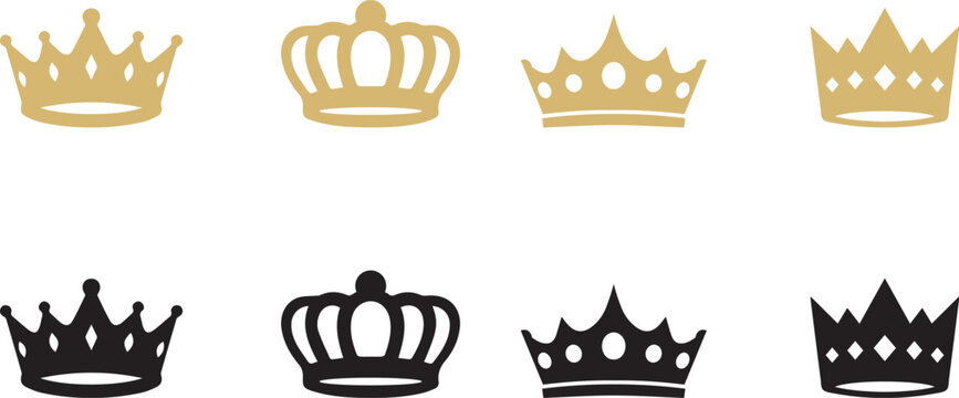 A collection of 8 crown silhouettes in gold and black.