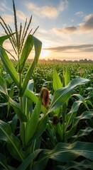 Obraz premium Cornfield at Sunrise - A Golden Morning in the Countryside.