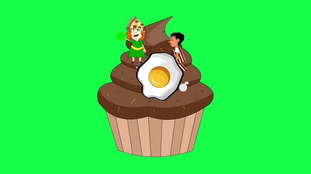 Carnival animation in cartoon style with people parading on a float and in food costumes on a green background, 2D, party.