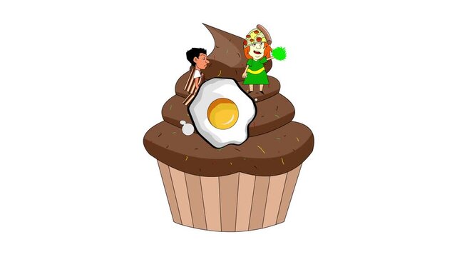 Carnival animation in cartoon style with people parading on a float and in food costumes on a white background, art, 2D, party.