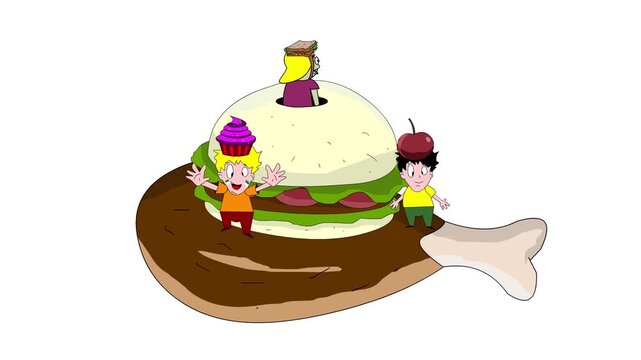 Carnival animation in cartoon style with people parading on a float and in food costumes on a white background, art, 2D.