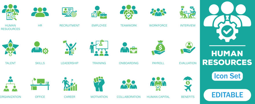 Human resources solid icon set. featuring recruitment, leadership, teamwork, and employee management elements  flat style for corporate business and workforce icons