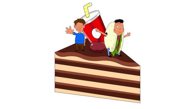 Carnival animation in cartoon style with people parading on a float and in food costumes on a white background, 2D.