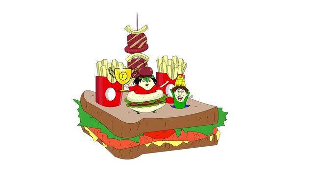 Carnival animation in cartoon style with people parading on a float and in food costumes on a white background.