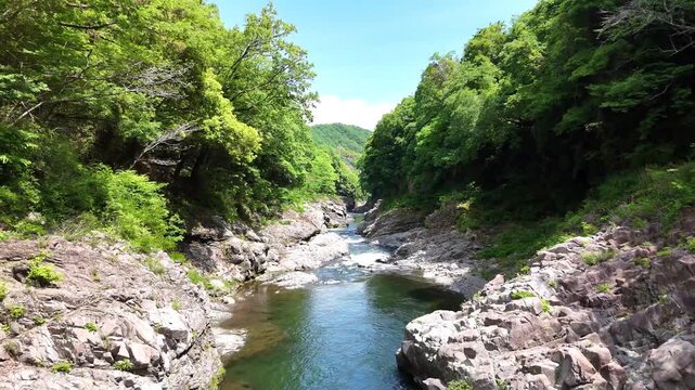 Scenic River Valley | Katsura River | Rocky Gorge | Japan - 4K Aerial Video
