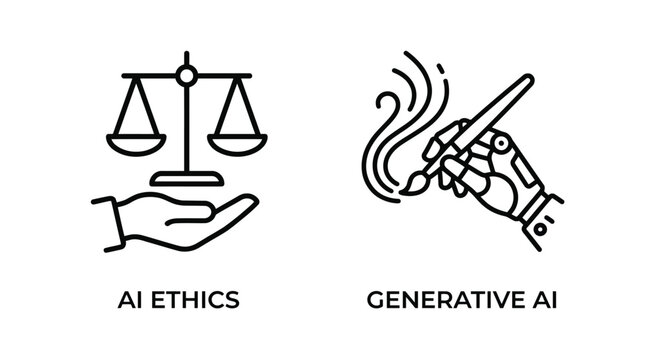 AI Ethics and Generative AI Illustration in Simple Line Art Style with Black and White Color Scheme on White Background for Technology